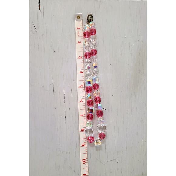 Vintage Geometric Faceted Rose Pink  & Clear Glass Bead Necklace w/ Toggle Clasp - Picture 5 of 5